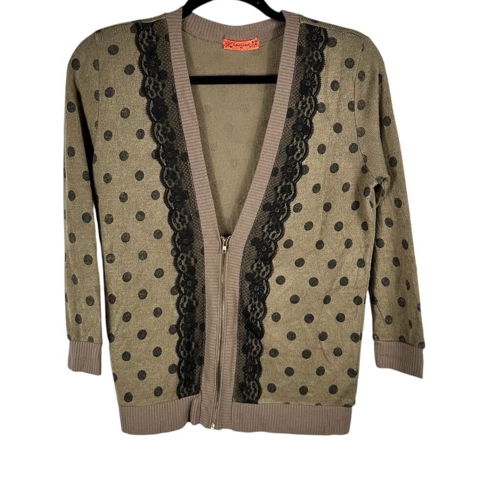Spoiled Brown Polka Dot Sweater with Black Lace Detail Size Medium